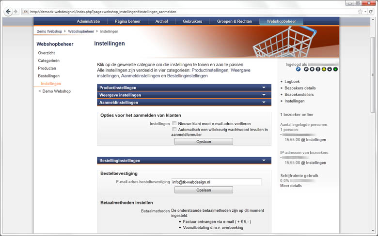 Instellingen van de webshop